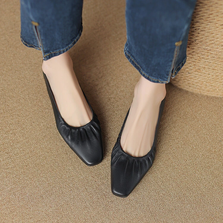 3cm法式~软羊皮单鞋浅口温柔奶奶鞋松紧口小方头褶皱真皮小皮鞋