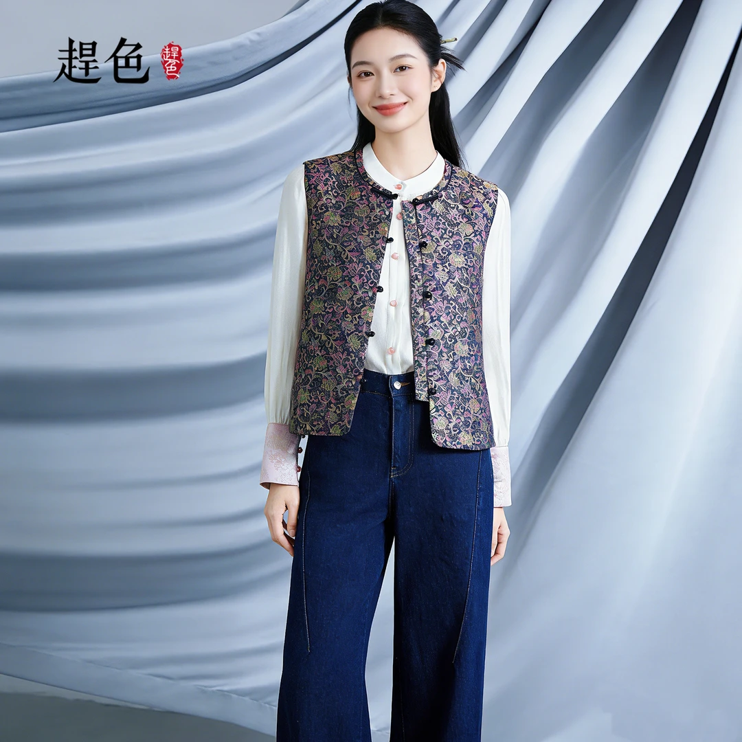 趕色【五星出东方】2026年装加厚100%桑蚕丝宋锦中式马甲上衣女