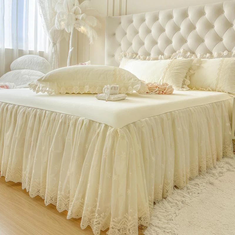 超仙公主风全棉蕾丝花边床裙韩系少女心纯棉被套床罩纯色床上用品