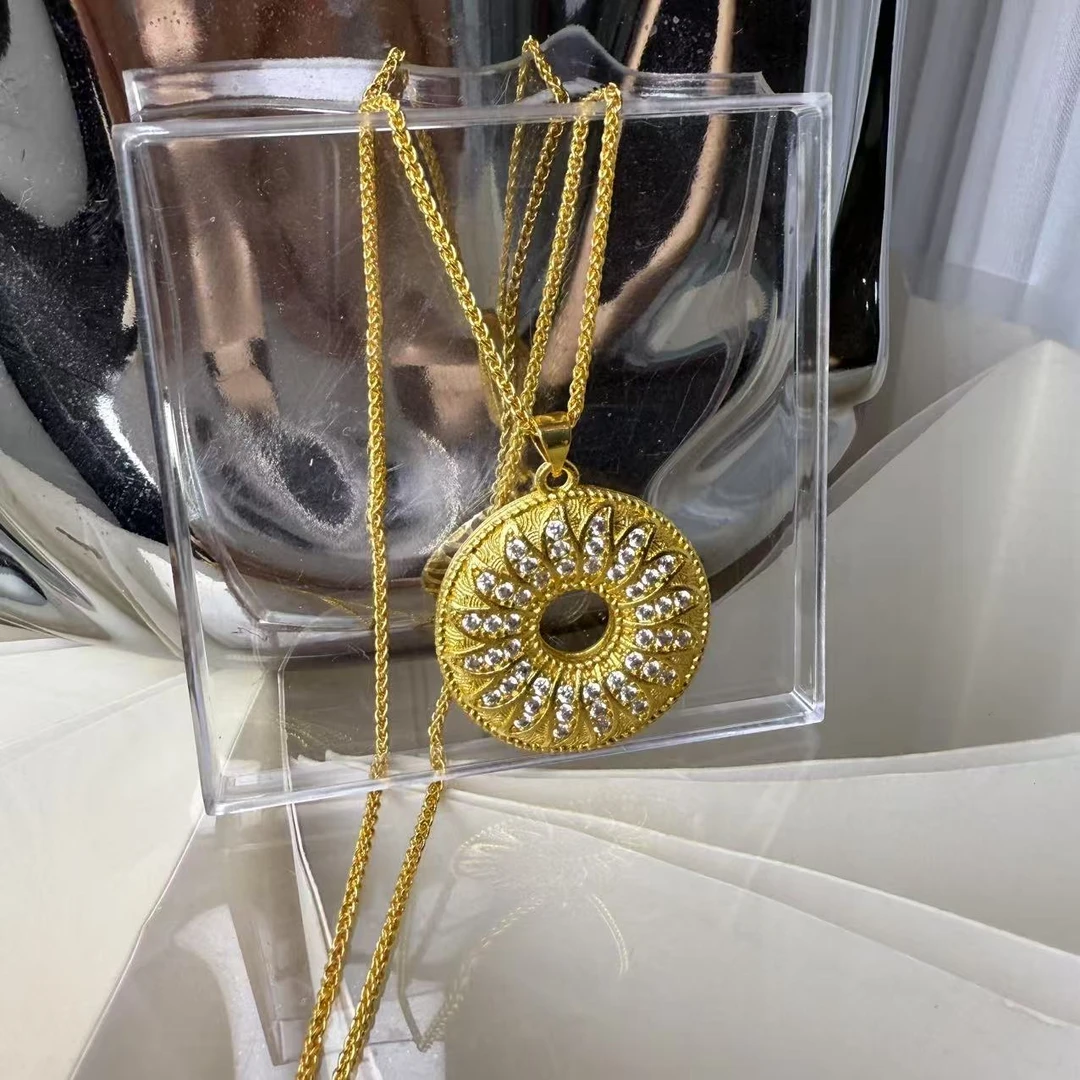 【满钻太阳花项链】新款古法时来运转女款金色平安扣毛衣链送礼物
