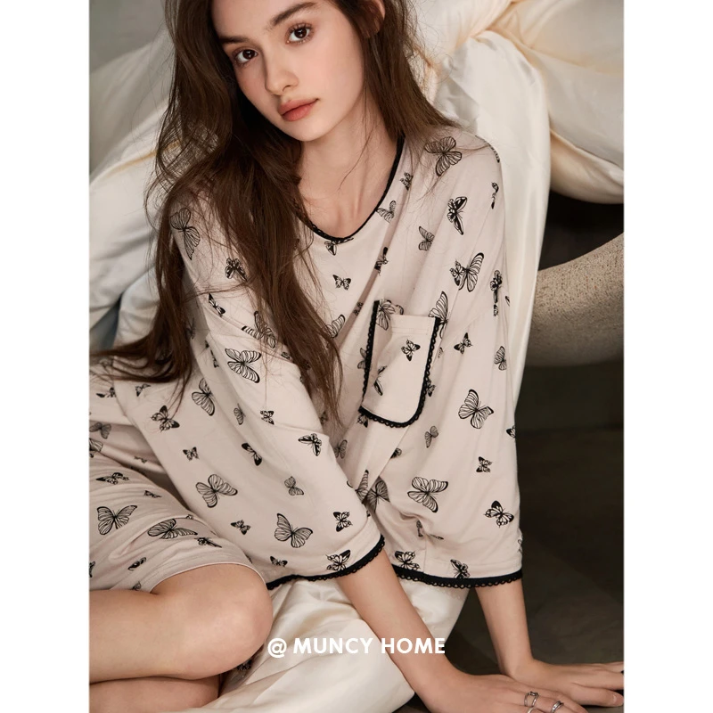 曼系“蝶宿云栖”柔软舒适睡裙女夏季薄款柔软短裙时尚七分袖家居服