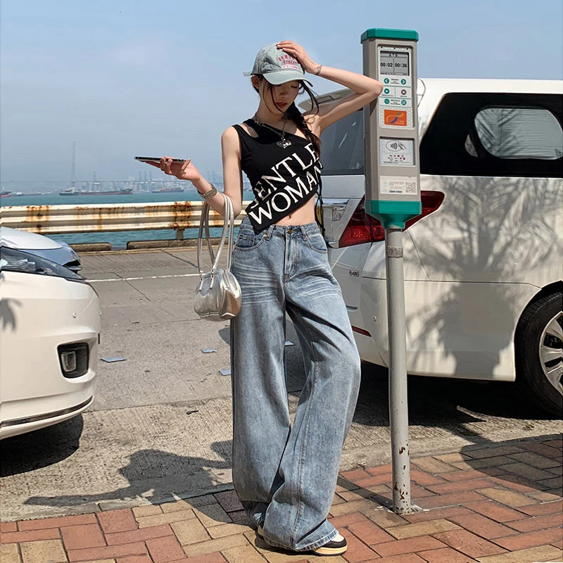 爆款25年春夏美式复古水洗蓝高腰宽松显瘦直筒夏季秋季大码女直筒