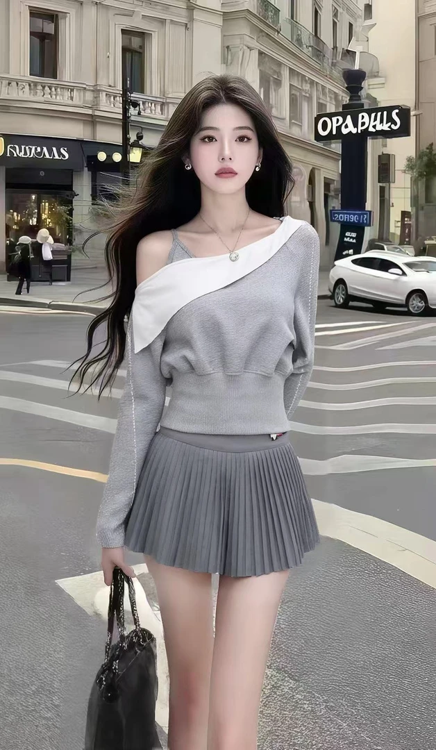 新款秋季氛围感时尚灰色斜领长袖上衣+灰色百褶半身裙小众两件套