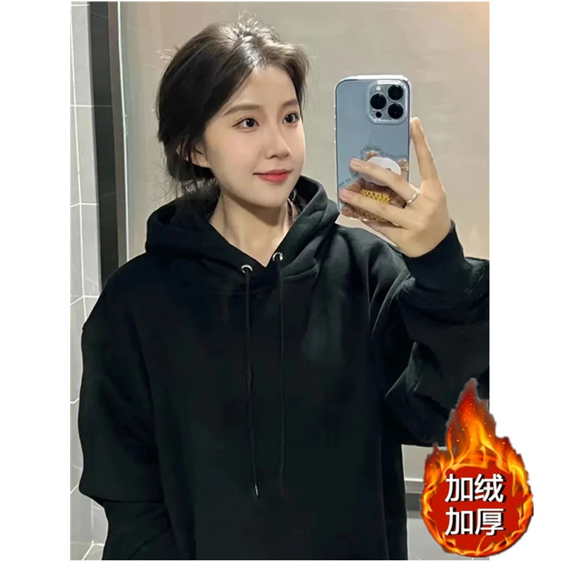 加绒加厚黑色连帽卫衣女秋冬美式潮牌纯色帽衫宽松慵懒风套头外套