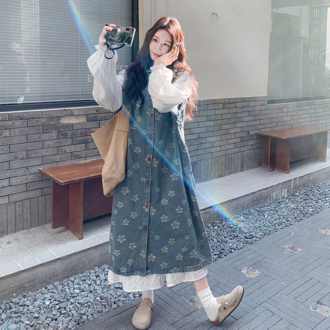 宽松温柔风秋冬套装女设计感衬衣2025冬季新款牛仔背心裙两件套