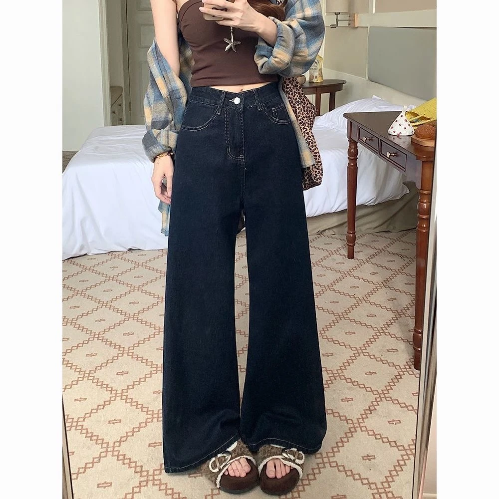 百搭小个子美式复古高腰直筒显瘦垂感拖地长裤女蓝色阔腿牛仔裤女