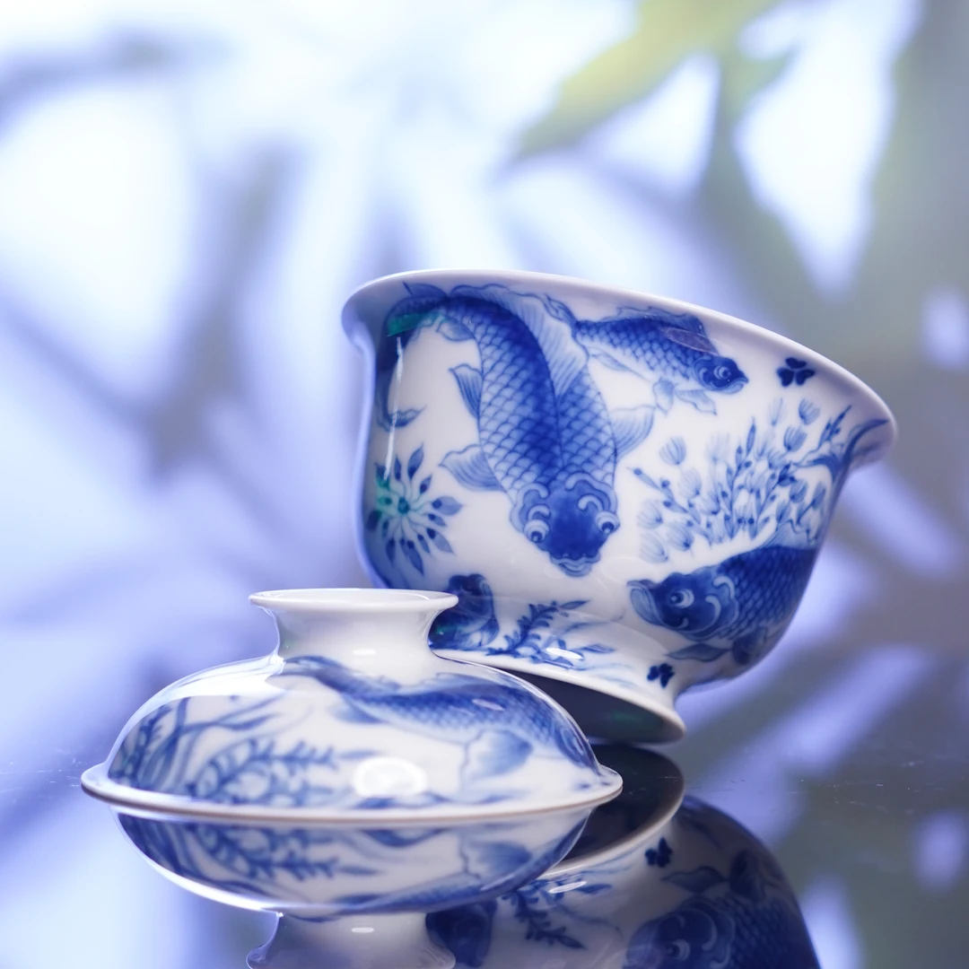 望月怀古  满绘鱼藻岩茶盖碗  陶瓷纯手工全手工WYHG047