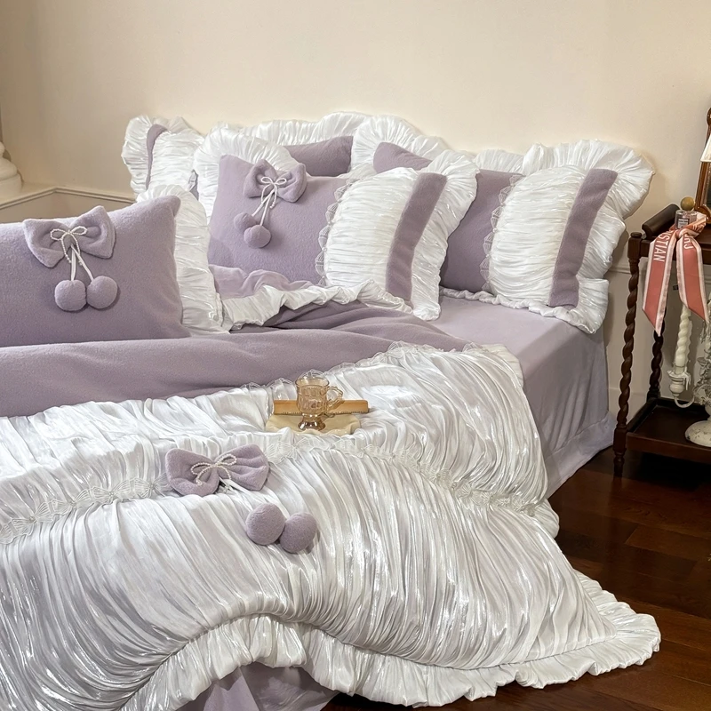 法式秋冬加厚双面牛奶绒四件套浪漫紫少女心保暖被套1.8m床上用品