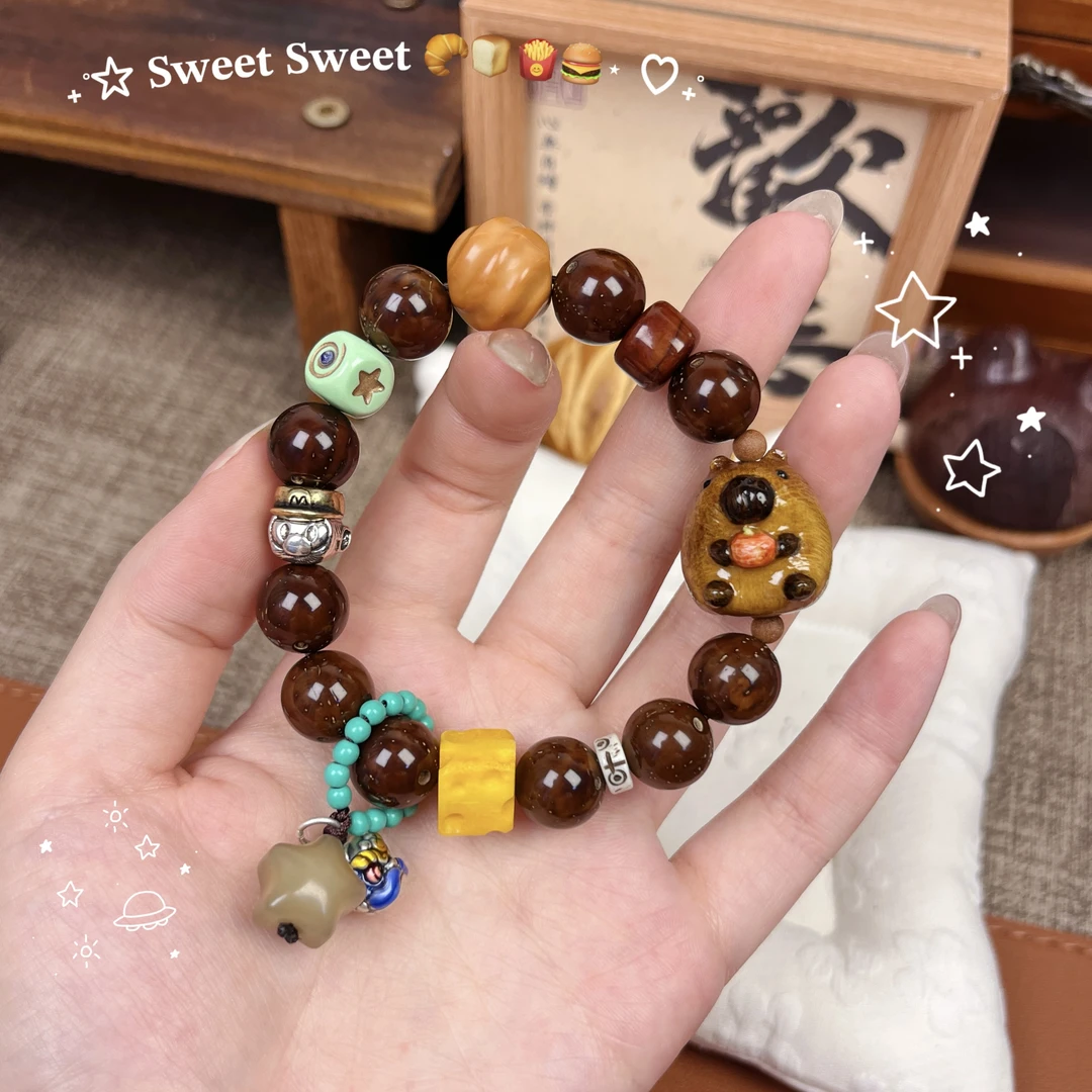 非金属木质手链 卡皮紫红皮鼠鼠文玩手链 特级油性皮质 颜艺原创