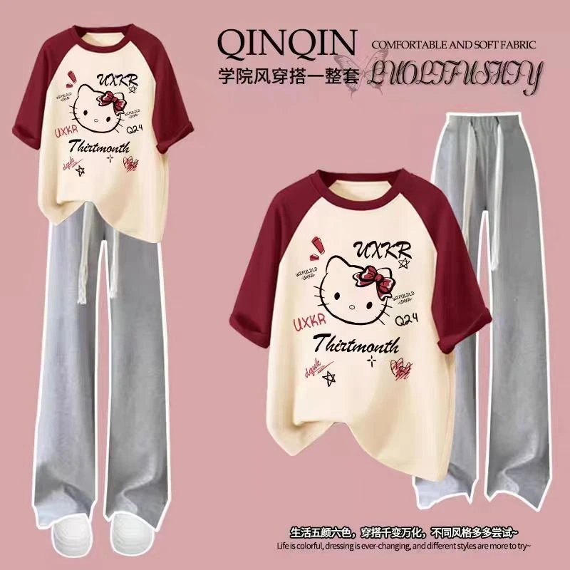 少女夏装学院风运动服套装时尚学生宽松短袖T恤休闲阔腿裤两件套
