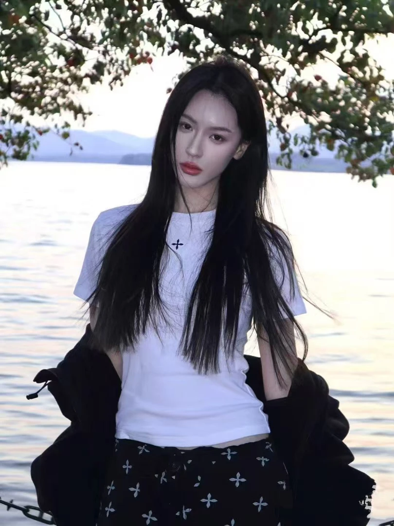 十字花徽章刺绣圆领短袖上衣