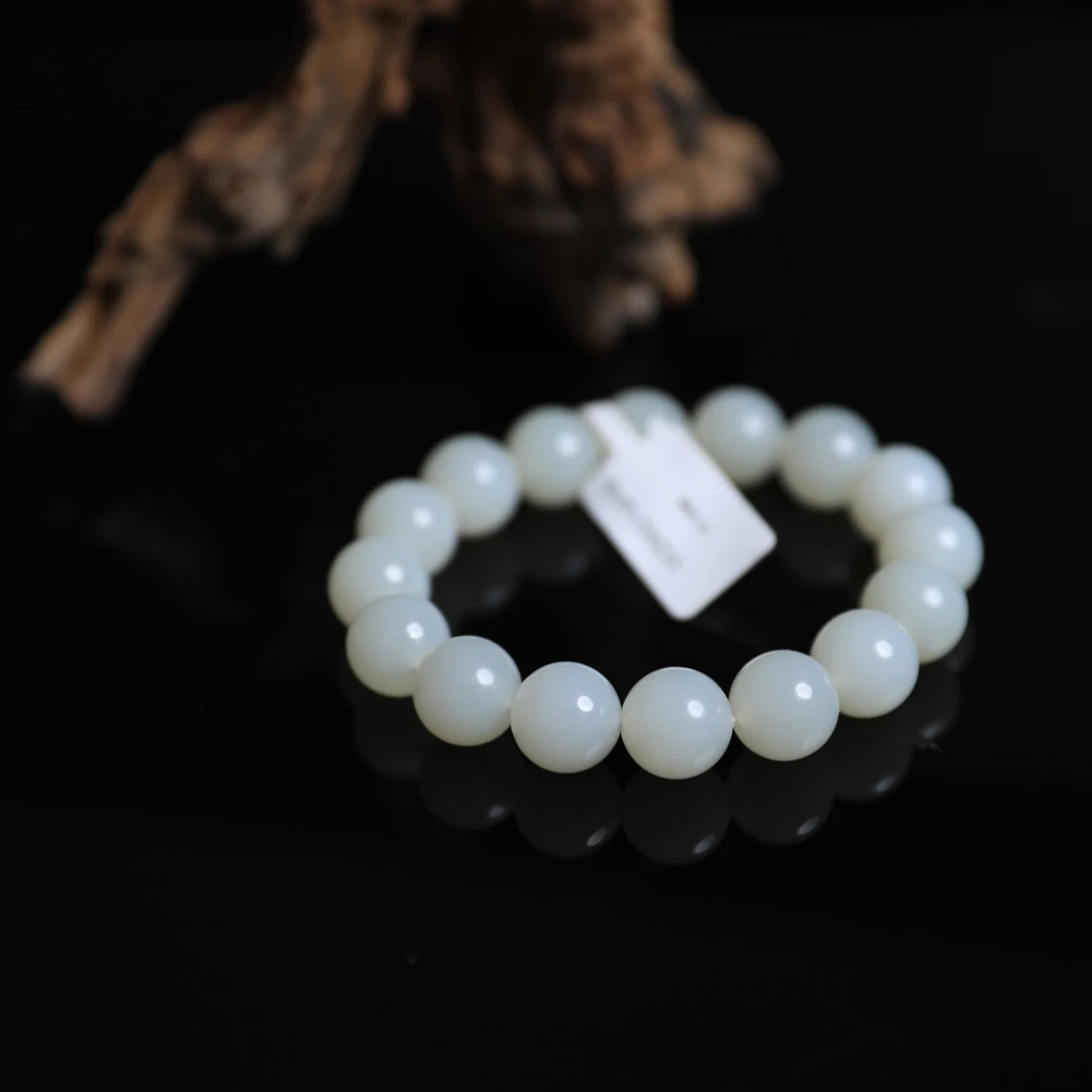 【潮生珠宝】·臻品·和田玉新疆白玉糯白卡12mm手串