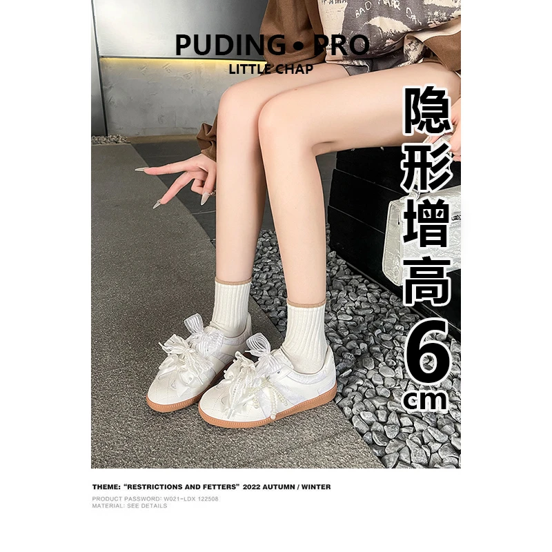 牛皮版~内增高蕾丝复古风洛丽塔女2025新款珍珠蝴蝶结休闲运动鞋