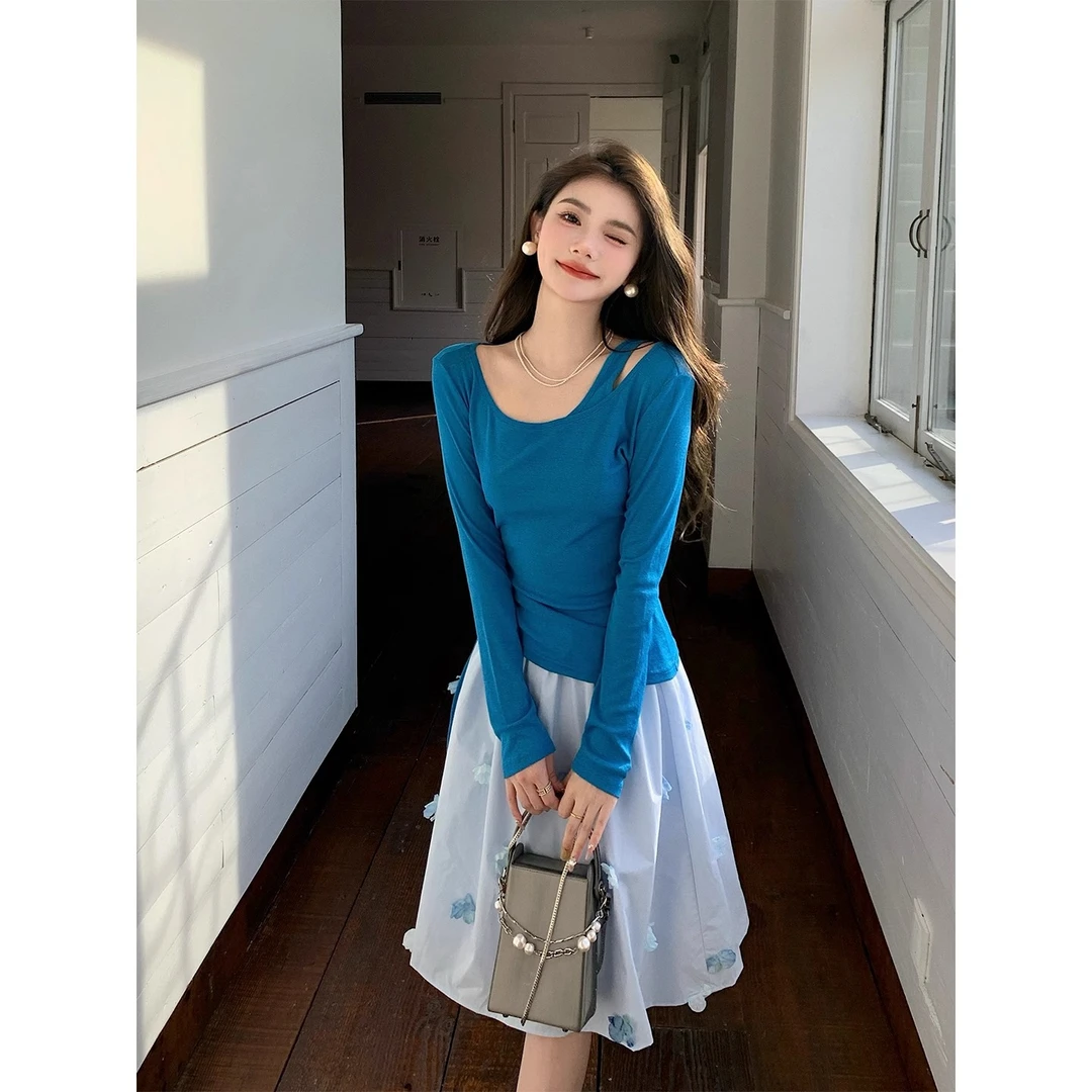 假两件露肩克莱因蓝长袖t恤女夏季薄款防晒罩衫抽绳收腰显瘦上衣