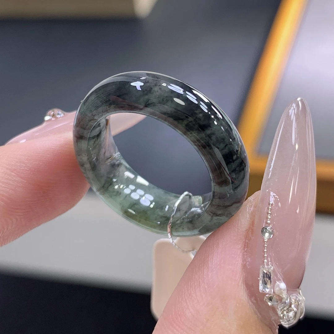 12圈 缅甸天然翡翠 小宽版冰乌鸡翡翠戒圈尺寸16.5-6.4-4mm