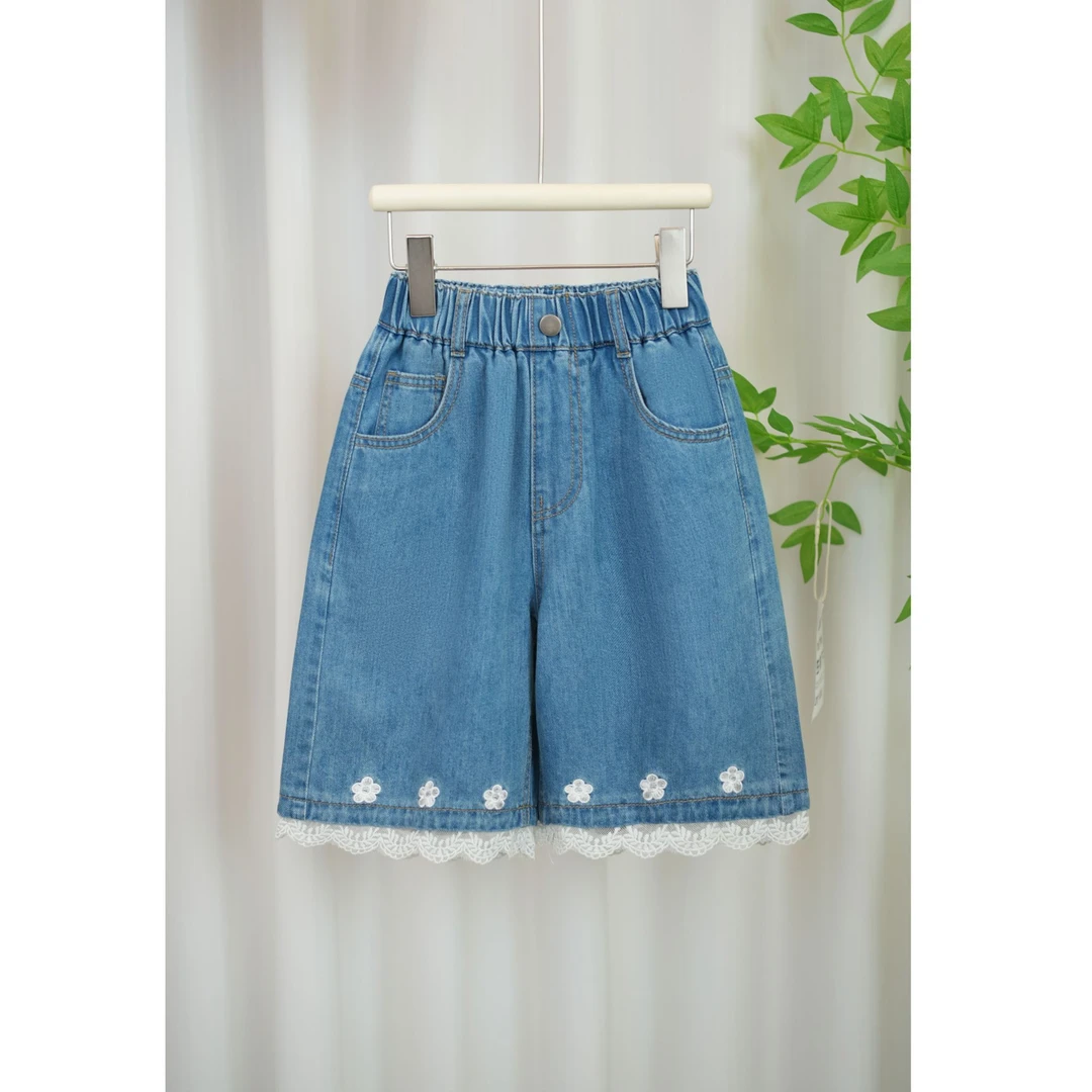 女童夏季薄款牛仔裤2025新款蕾丝边款中大童百搭五分牛仔裤A079