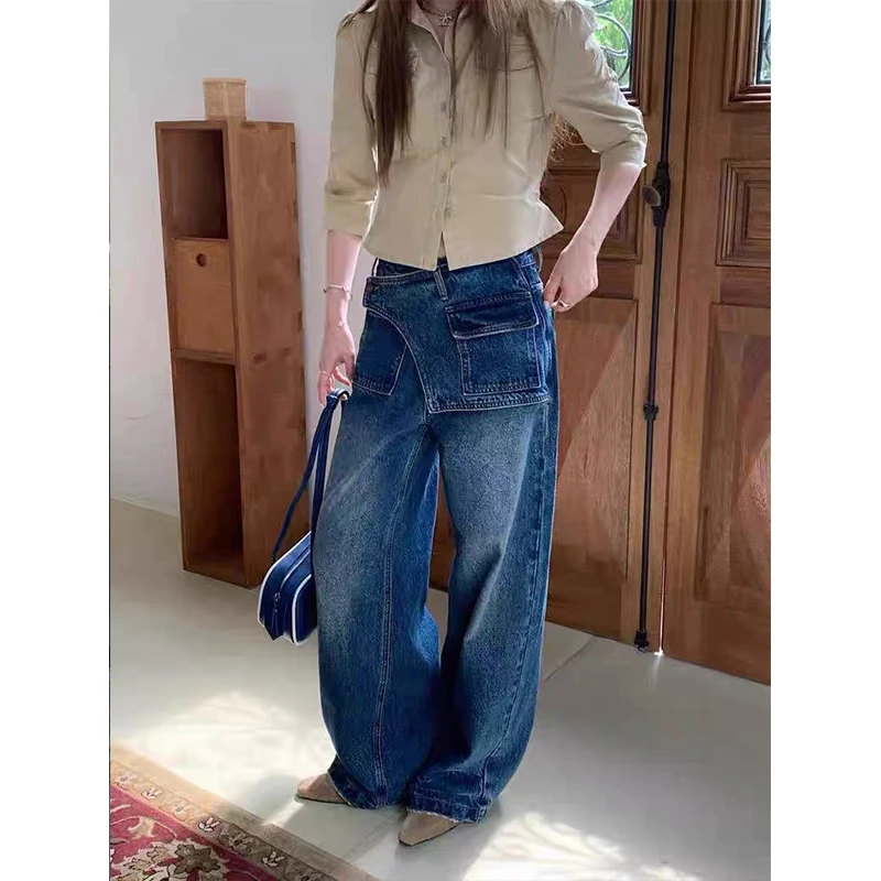 欧货高端牛仔裤女2025早秋高腰深蓝色窄版阔腿裤直筒拖地裤假两件