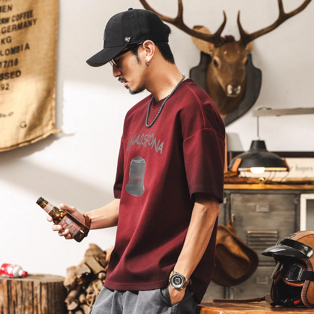 安可拉红300g重磅T恤男短袖夏季2025新款美式复古脏染水洗上衣男T