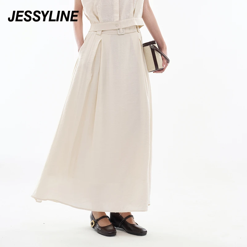 杰茜莱米色显瘦遮肉半身长裙夏季潮流新款高腰a字裙子 jessyline