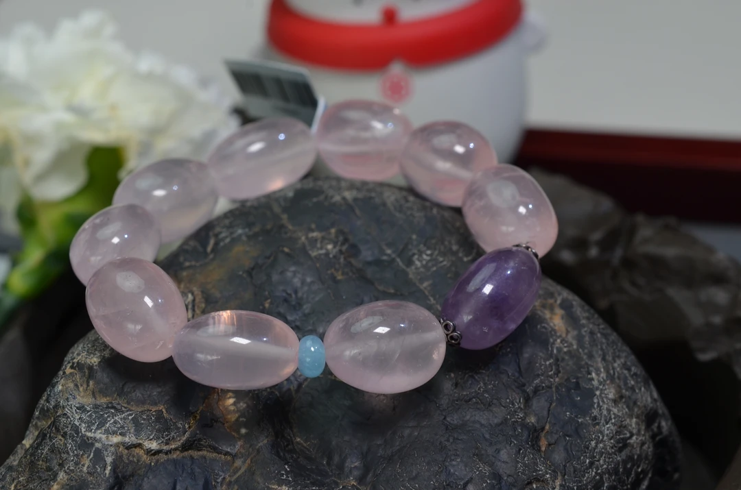 61【九紫离火】 天然星光粉水晶手链 紫水晶S925银手串 约15*19MM