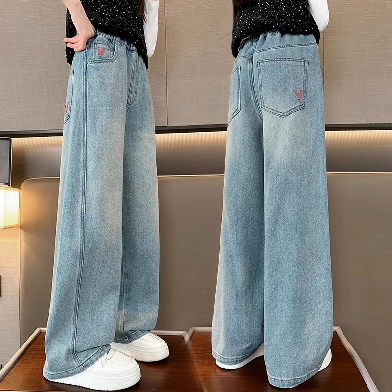 女童裤子春秋2025新款春装女大童洋气阔腿裤13岁女孩初中生牛仔裤