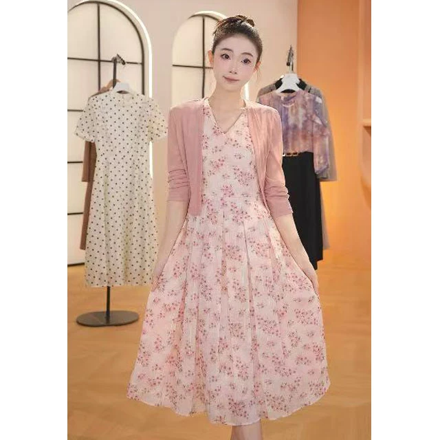 L362修身名媛2025夏新款时尚收腰显瘦优雅宽松中长款连衣裙