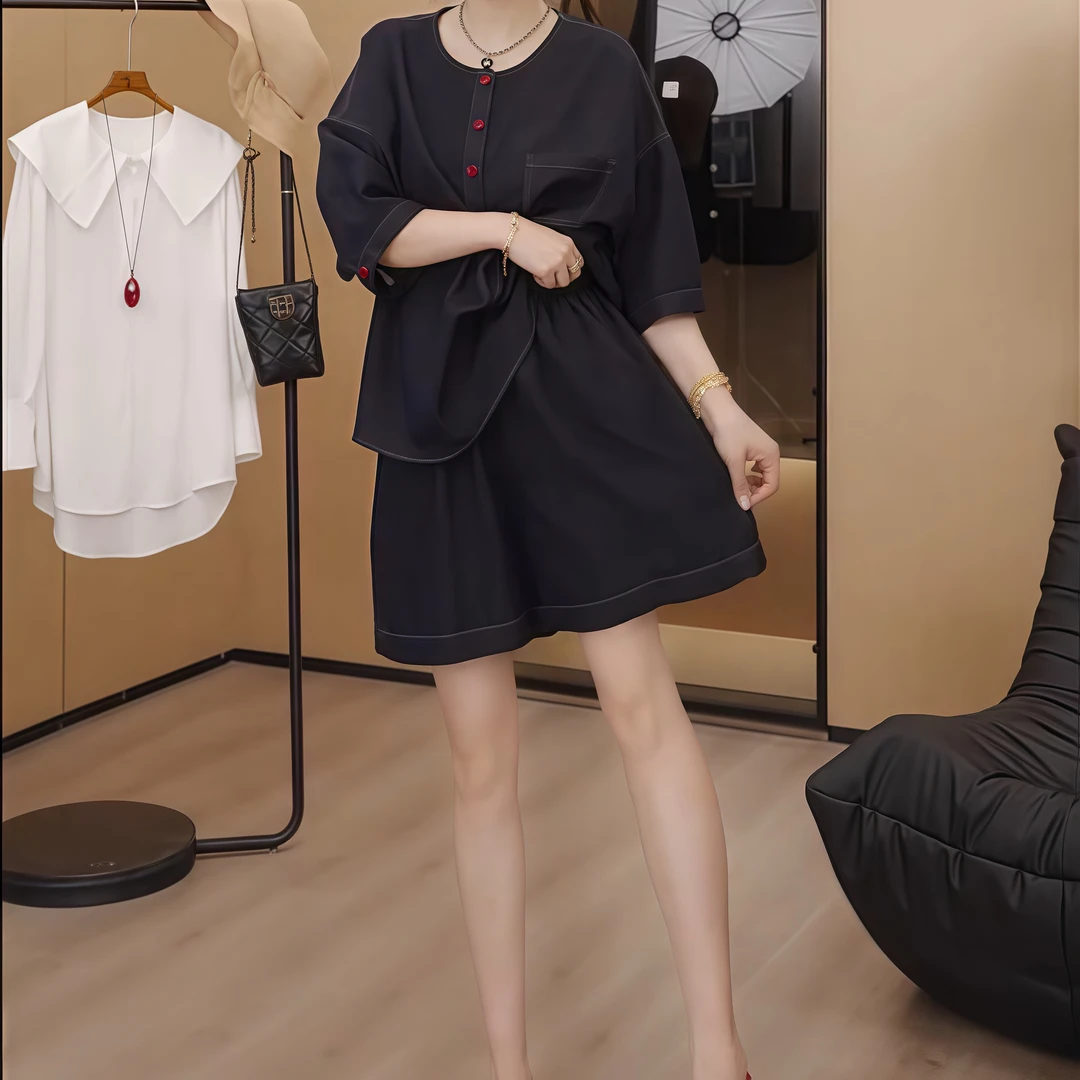 大码女装2025年夏新款胖妹妹时尚显瘦减龄阔腿短裤牛仔短袖两件套