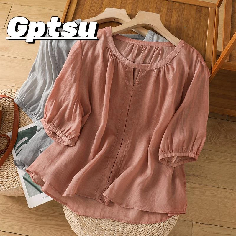 GPTSu文艺范衬衫女夏季复古绣花宽松休闲圆领短袖t恤小衫上衣