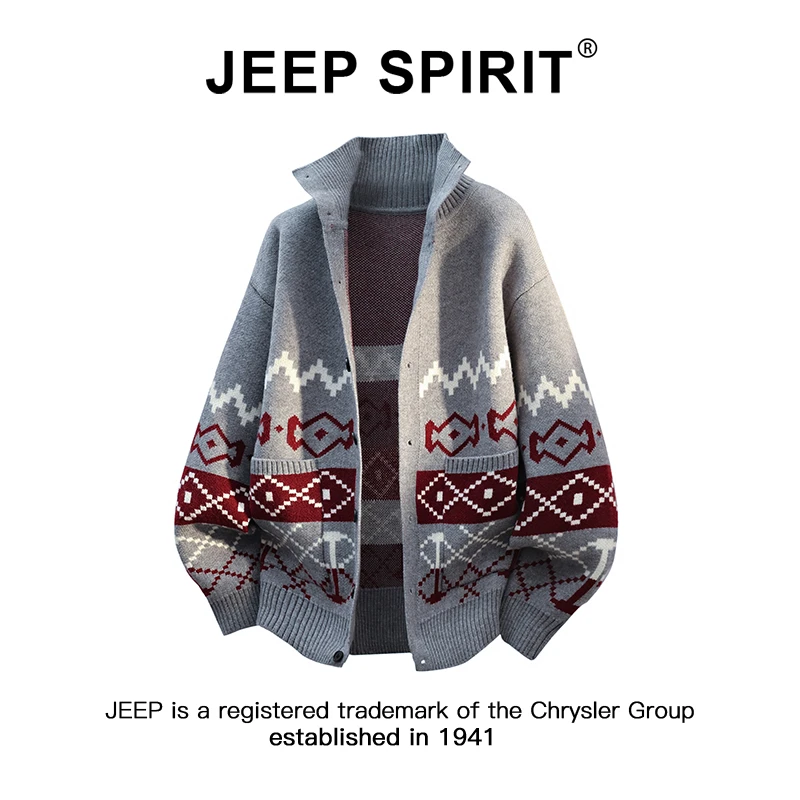 JEEPSPIRIT吉普复古立领毛衣开衫男女秋冬季韩系提花休闲针织外套