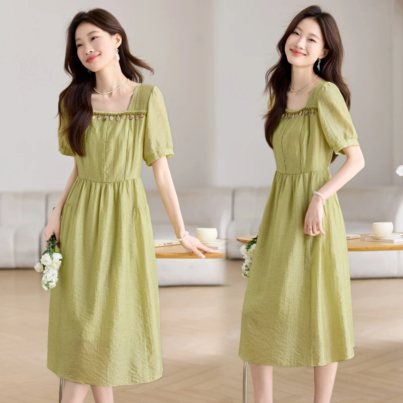 纯色短袖常规夏季2025欧风设计连衣裙气质方领女长裙收腰显瘦法式