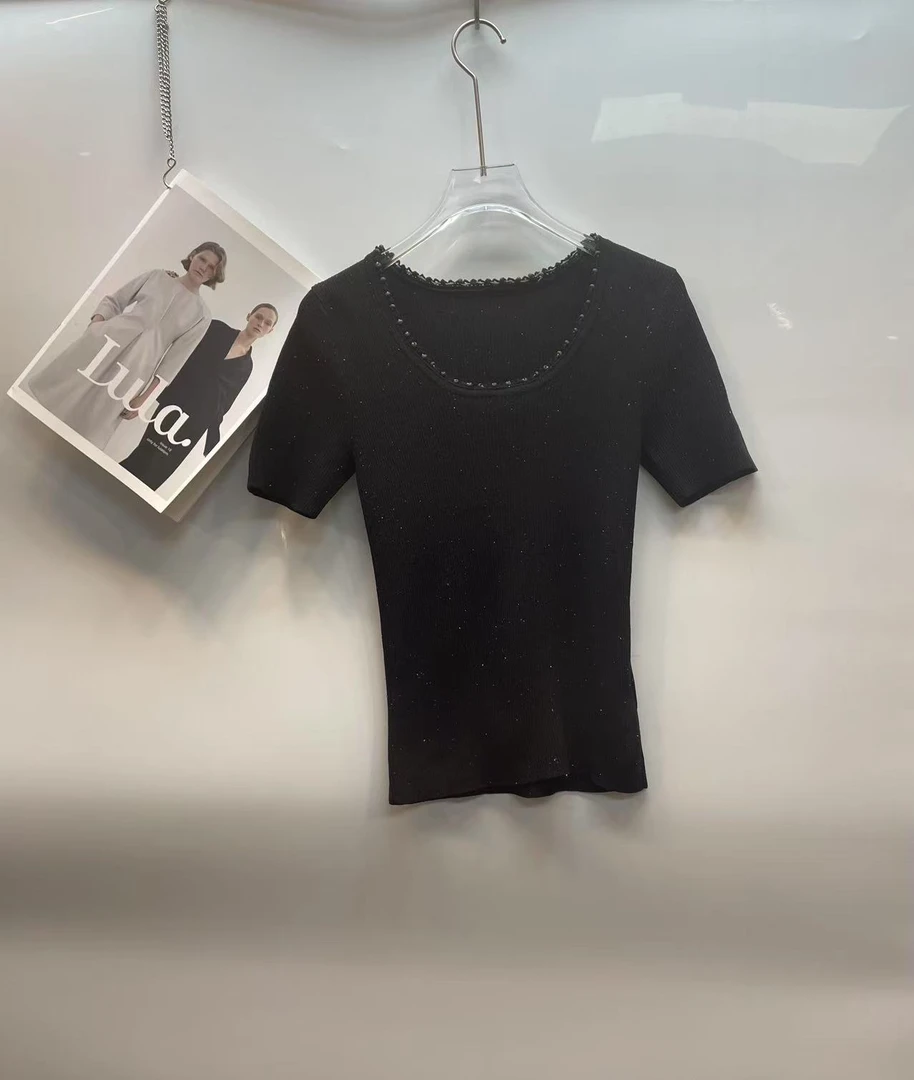 深圳南油2025新款满身彩领口珠子四色U领针织短袖85899