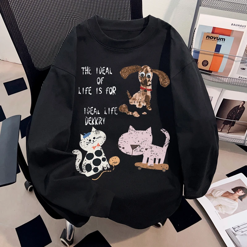 Dekkry韩系卡通涂鸦印花秋冬纯棉长袖男女款宽松百搭圆领t恤上衣