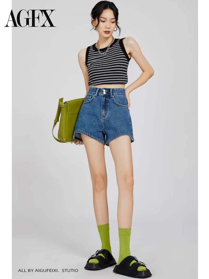 艾赛莱尔不规则高腰牛仔短裤女2025年夏季新款宽松a字阔腿热裤潮