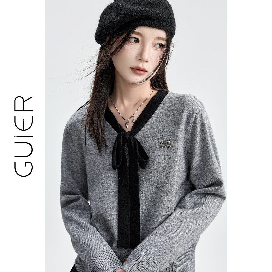 「GUIER」撞色针织开衫女秋2025新款V领系带宽松高级感上衣P0030-Q