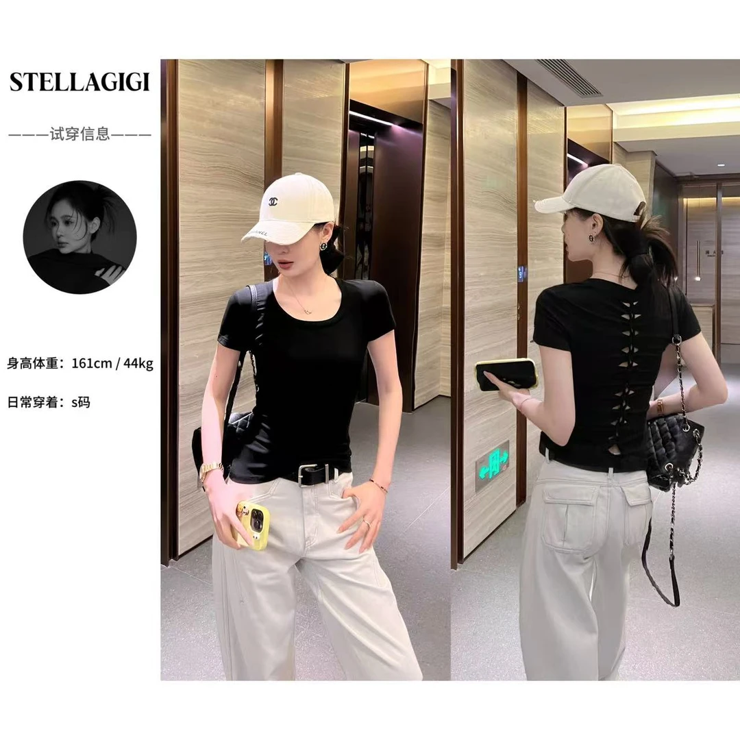 SG / 郭幂幂 SS 90%莱赛尔纤维 后背镂空鱼骨方领短袖T-20250226