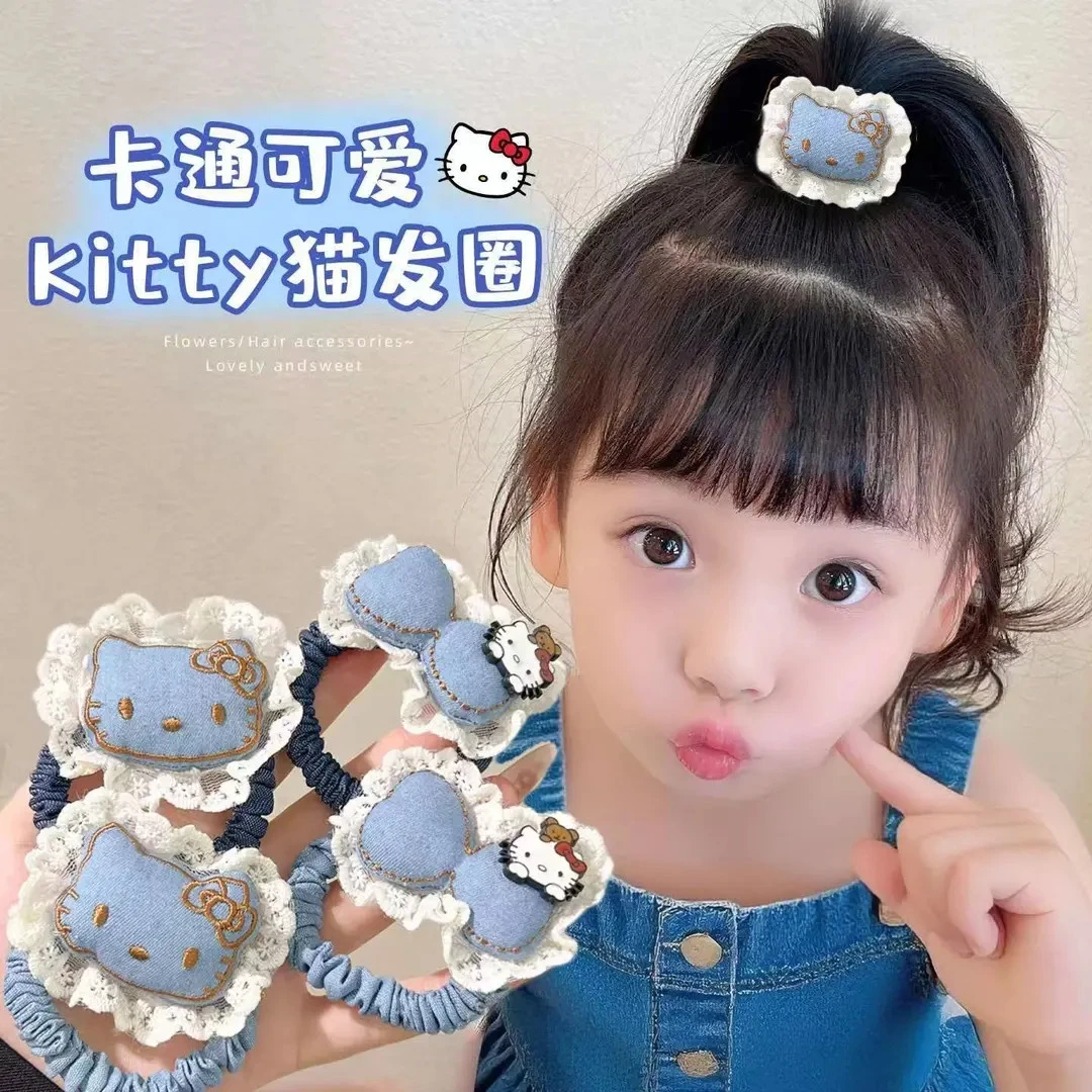 儿童kt猫牛仔发圈新款甜美蕾丝花边五角星星头绳小女孩可爱扎发绳