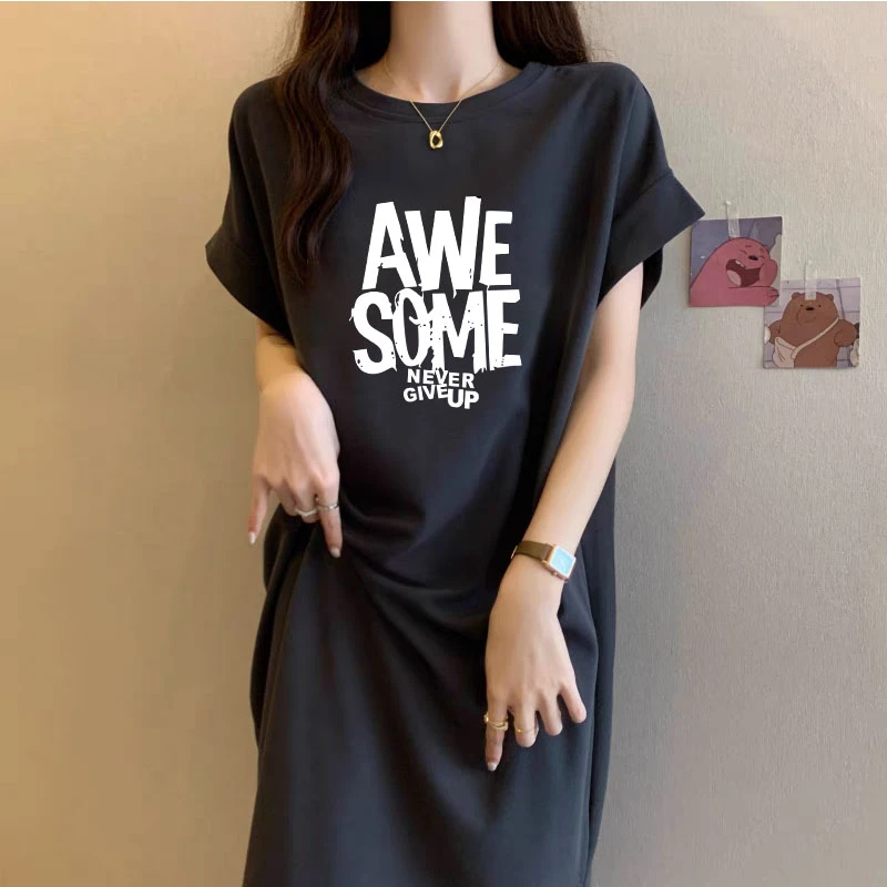 2025新款夏季印花短袖t恤裙韩版宽松薄款大码中长款过膝连衣裙女