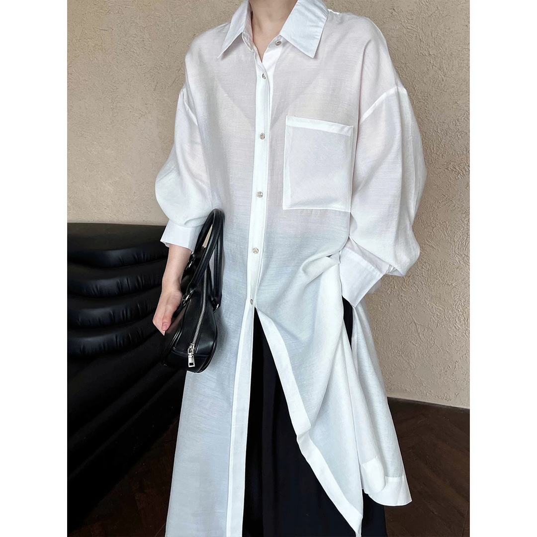 极简长款衬衫连衣裙女休闲外套衬衫裙子7051