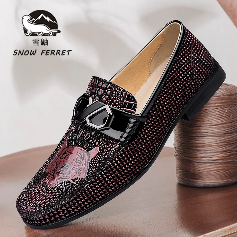 加拿大SNOWFERRET正品豆豆鞋男款真皮时尚压花男鞋英伦风商务皮鞋