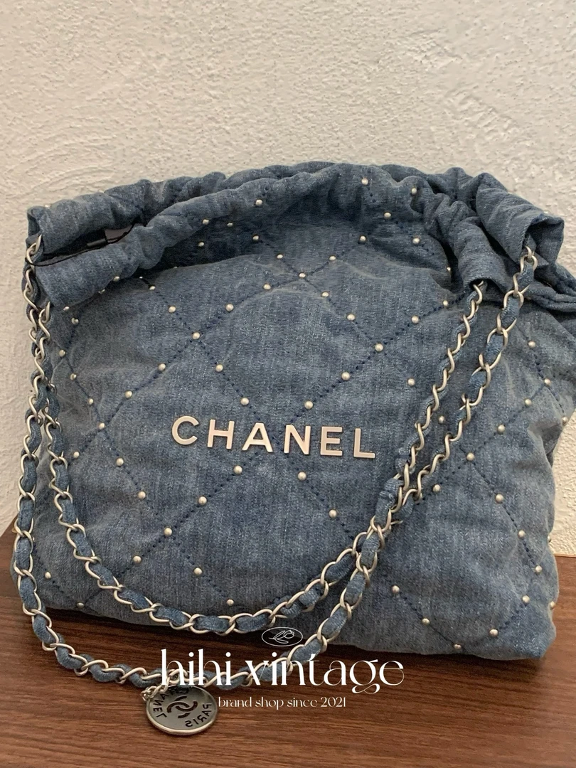 99新 Chanel/香奈儿 24S 牛仔银扣铆钉小号22bag 单肩包二店