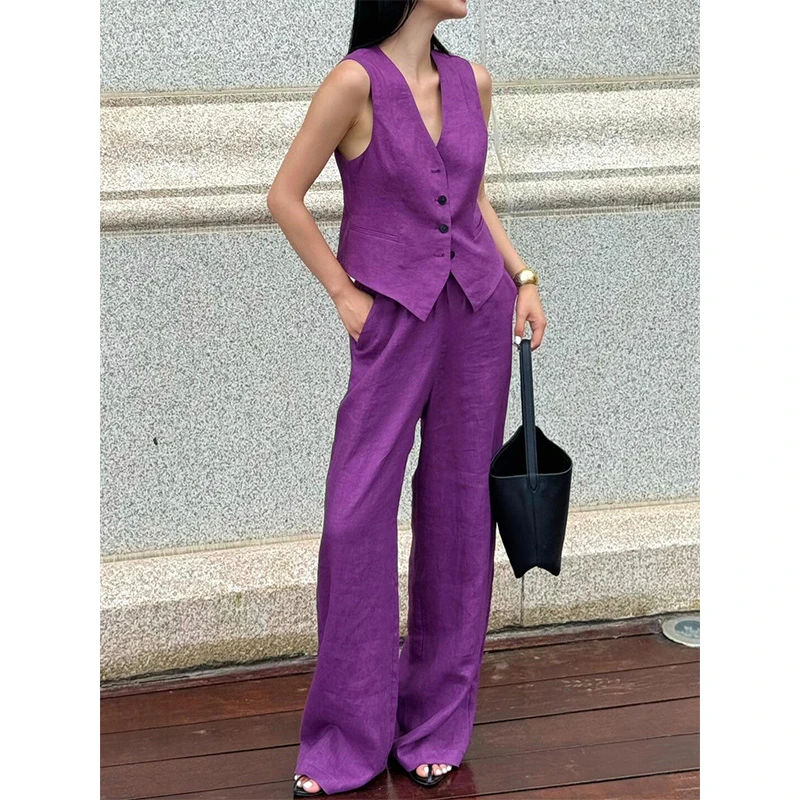 紫气东来高级感老钱风亚麻马甲紫色阔腿裤时尚套装慵懒风显瘦女装