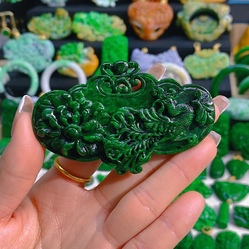 【闪购商品】翡翠颈饰未镶嵌辣绿凤凰牡丹