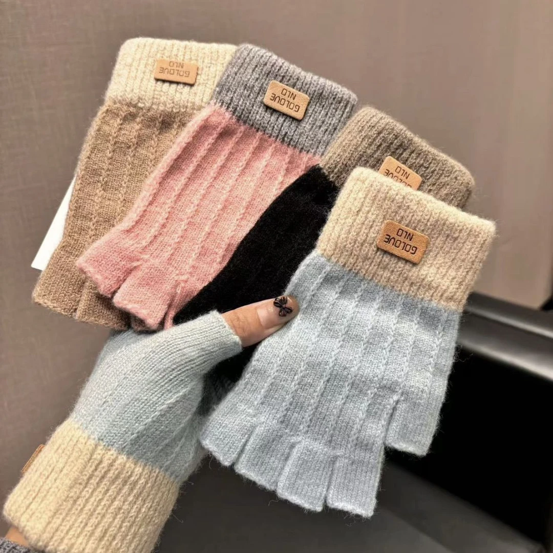 半指手套女冬天五指露指针织毛线手套韩版学生写字半截保暖防寒潮