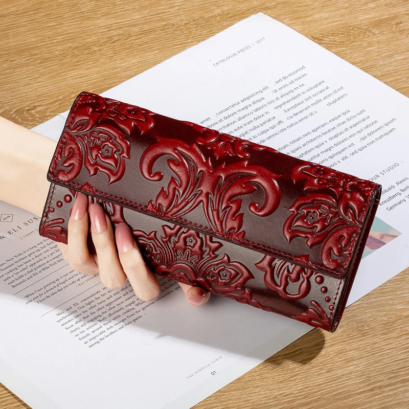 高端纯皮原创中国风压花真皮钱包女长款三折大容量手包多卡位钱夹