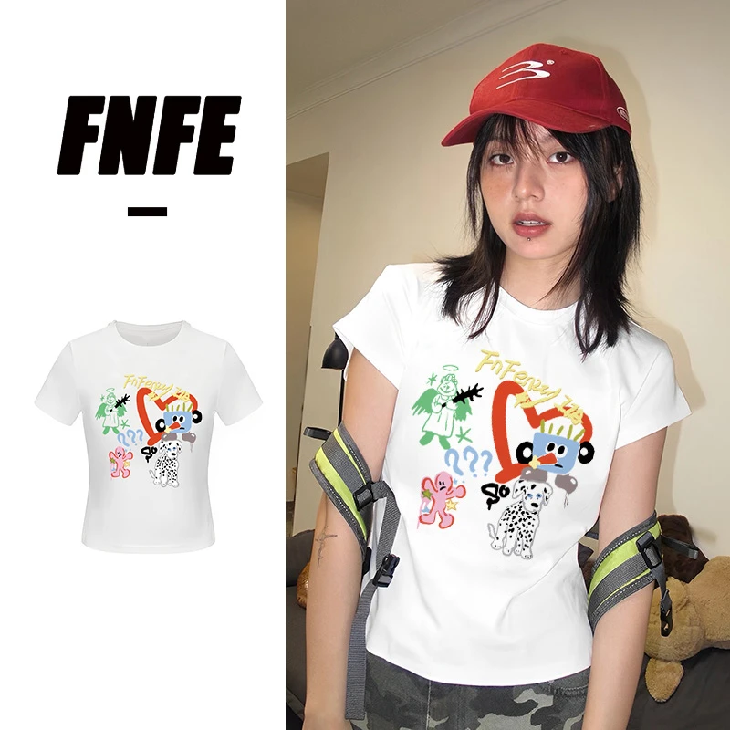 FNFE夏季韩版卡通印花圆领时尚百搭修身显瘦短袖T恤女款白色上衣