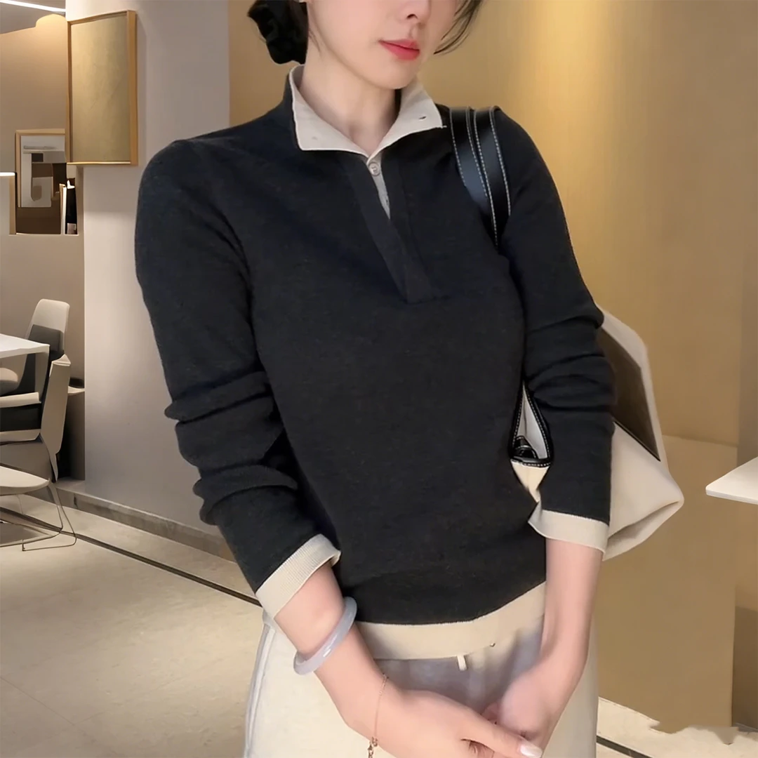 今年流行假两件针织衫女秋冬季新款高级时尚好看翻领长袖打底上衣