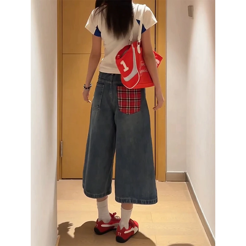 美式格子拼接蓝色牛仔七分裤女夏季复古宽松显瘦休闲直筒阔腿中裤