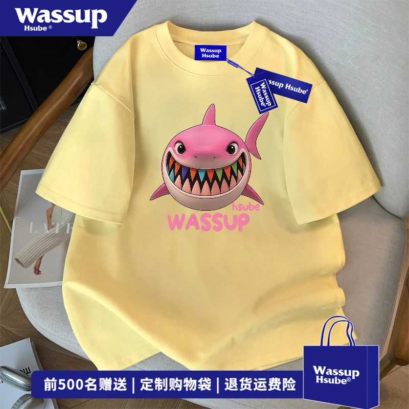 WASSUP HSUBE夏季趣味鲨鱼印花圆领短袖T恤男女美式高街宽松上衣
