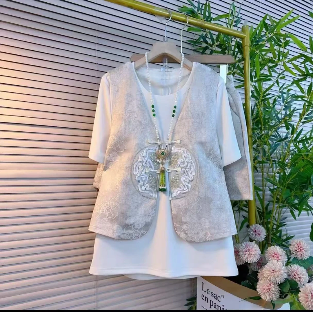 三件套大码女装夏季新款时尚套装女韩刺绣马甲打底衫阔腿短裤1539