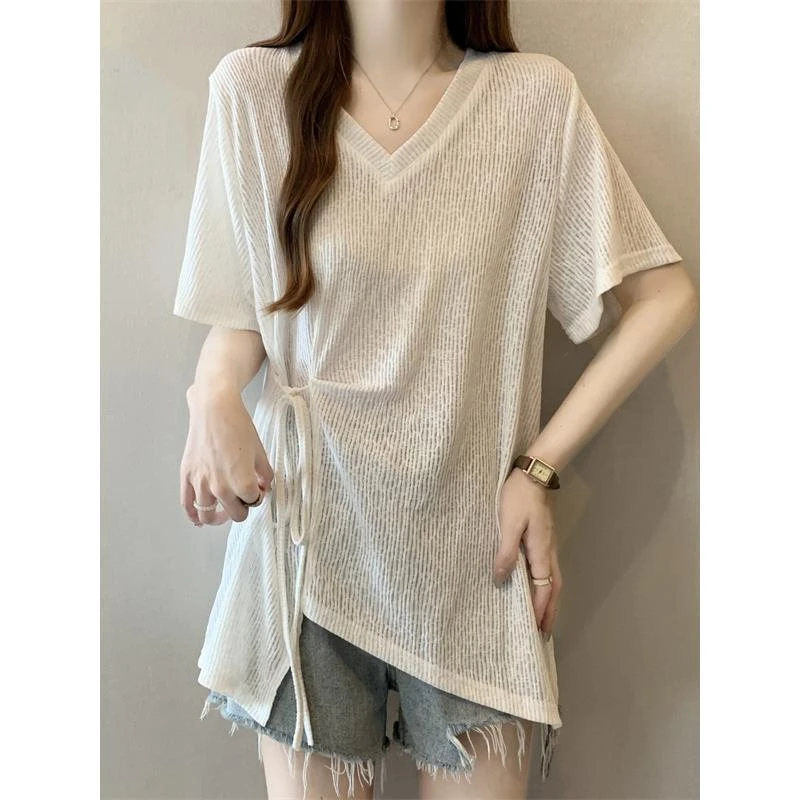 肌理感V领正肩短袖T恤女2025夏新款大码胖mm不规则收腰中长款上衣